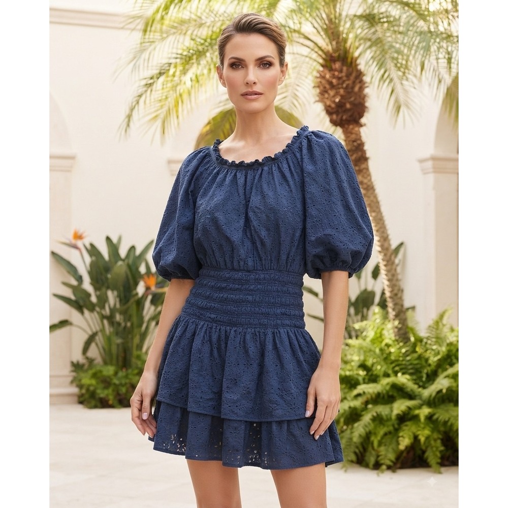 Ramy Brook Navy Blue Eyelet Smocked Waist Puff Sleeve Mini Dress Womens Medium